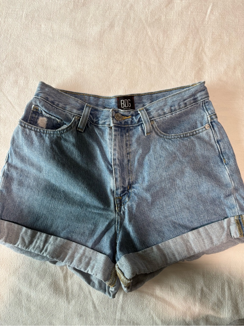 BDG Light Blue High-Rise Rolled Hem Jean Shorts